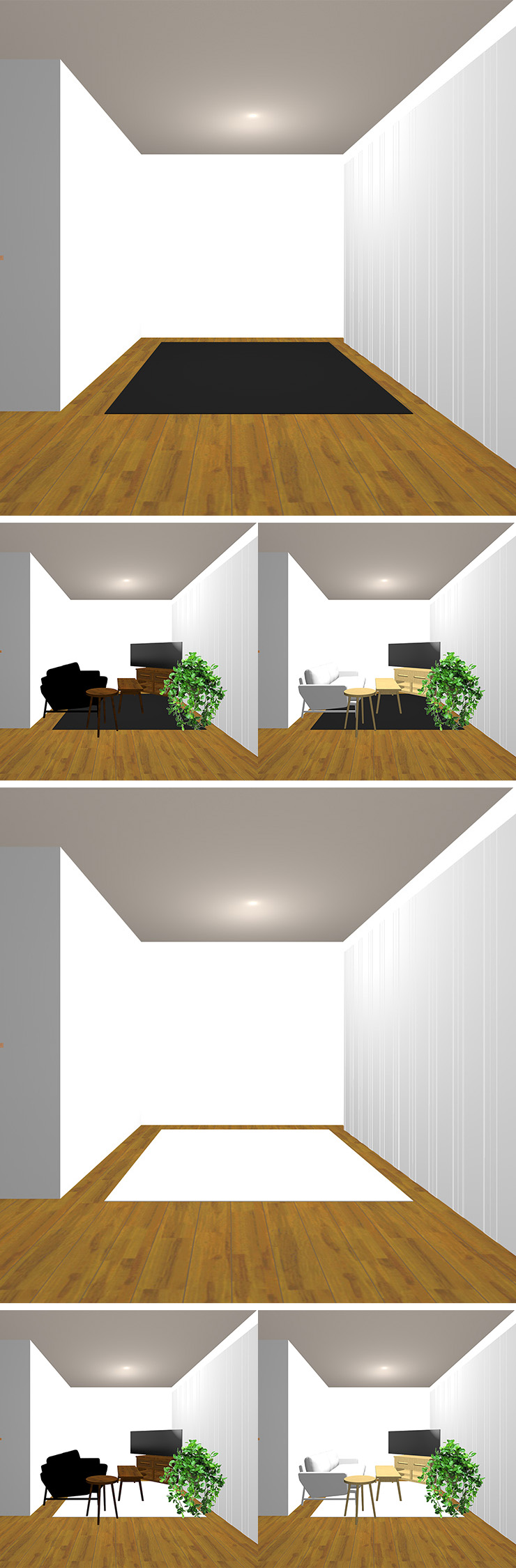 2種類のラグの明るさと2種類の明るさの家具の組み合わせ