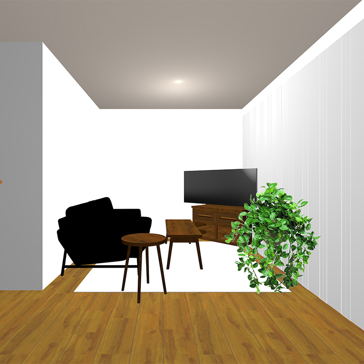 ミディアムブラウンの床と明るいラグとライト系(明るい茶色)のソファや家具