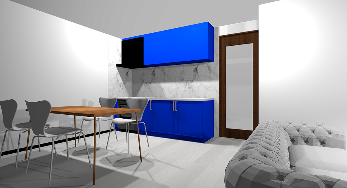 鮮やかな青のキッチンとホワイト系の床のイメージパース