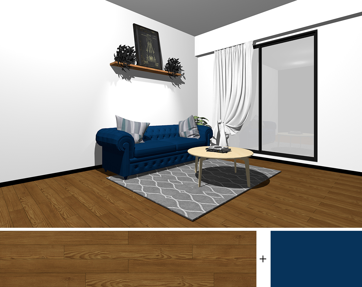  床色：中間の茶色　家具色：薄い茶色　ソファ：明度が高く彩度が中間くらいのブルー