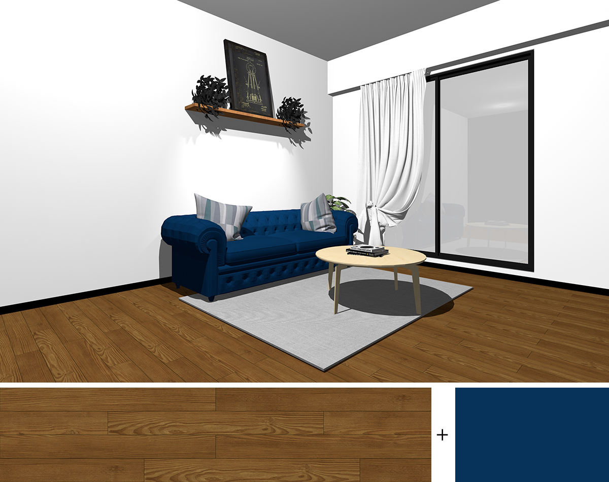 床色：中間の茶色　家具色：薄い茶色　ソファ：明度が高く彩度が中間くらいのブルー ラグ：薄いグレー