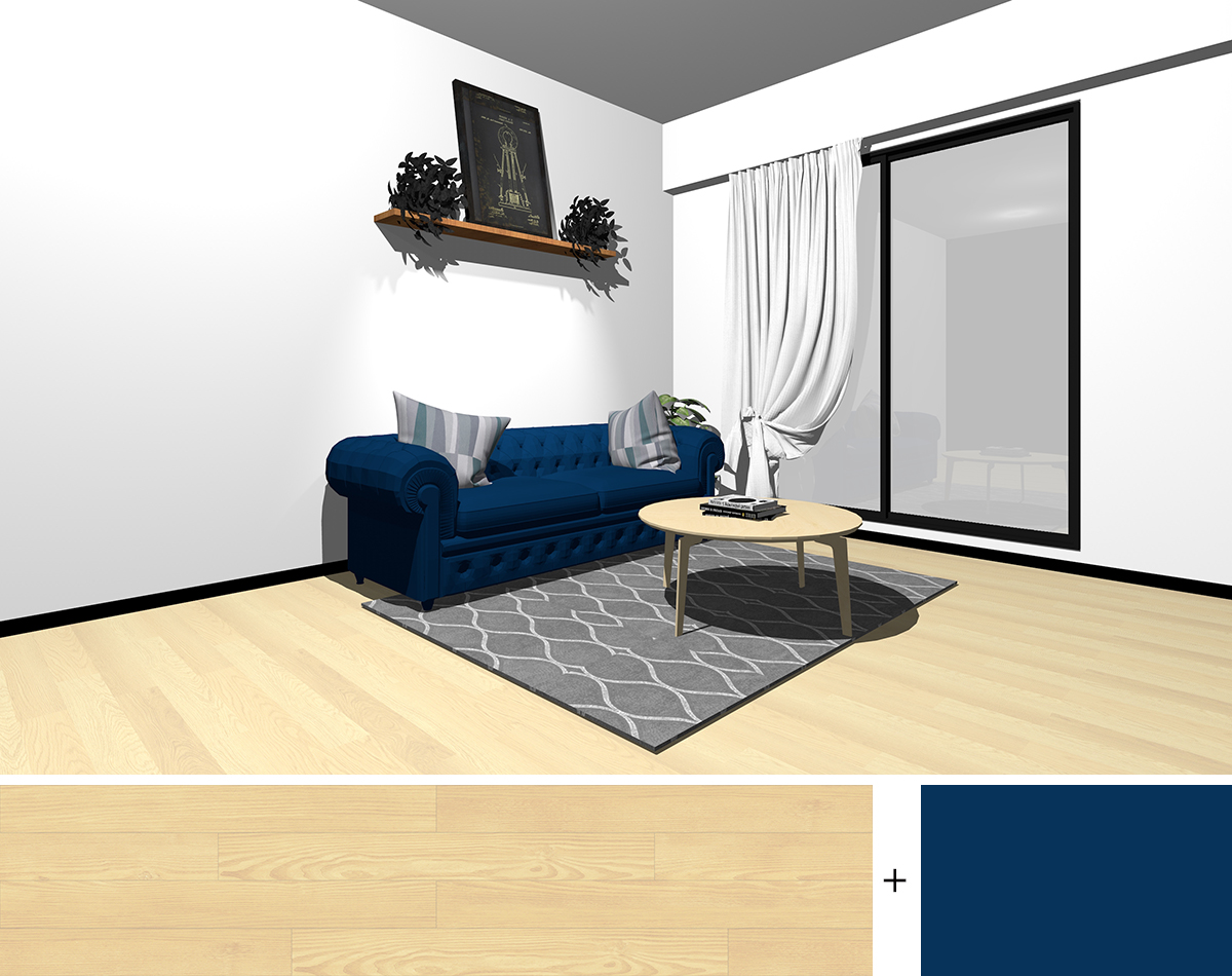 床色：白っぽい茶色　家具色：薄い茶色　ソファ：明度が高く彩度が中間くらいのブルー