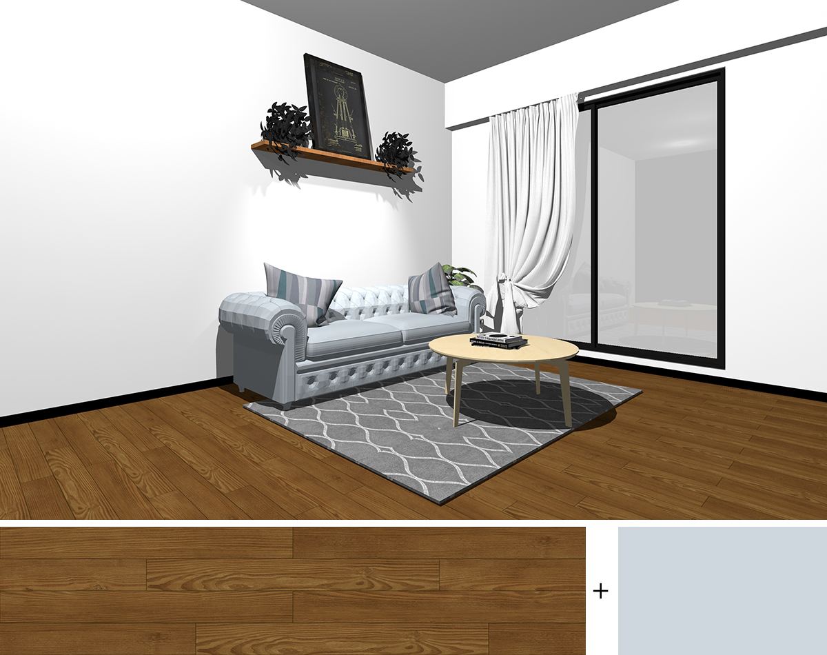 床色：中間の茶色　家具色：薄い茶色　ソファ：明度も彩度も低いブルー