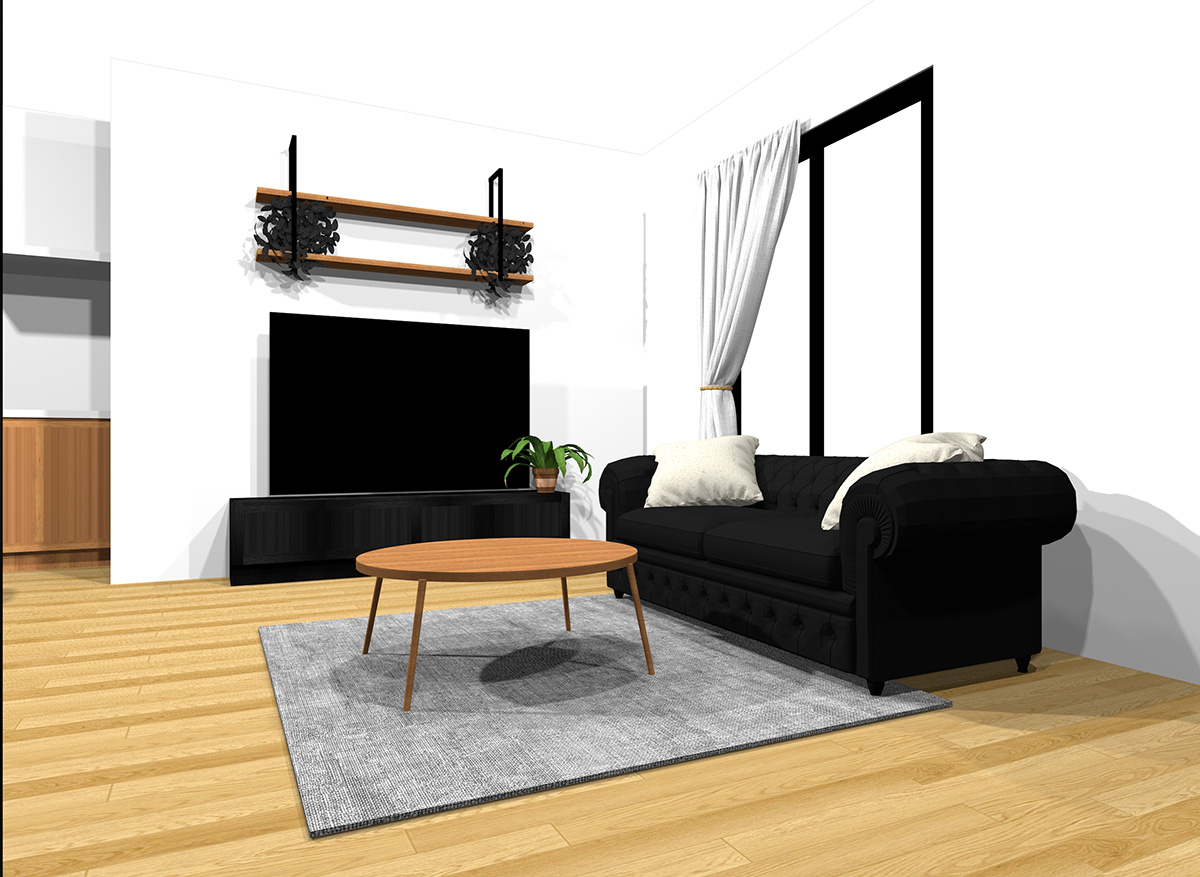 ダークな家具と中間くらいの明るさの家具をミックスしたナチュラルブラウンの床のインテリア