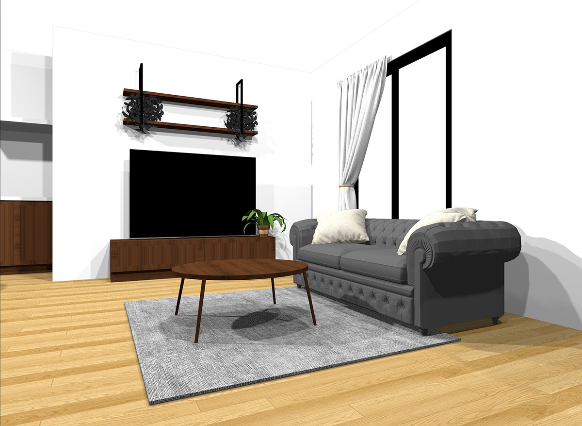 ダークな家具とナチュラルブラウンの床のインテリア