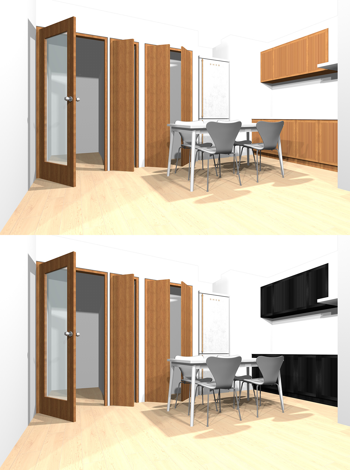 茶色の木目扉の壁付けキッチンと黒の木目扉の壁付けキッチンの比較パース