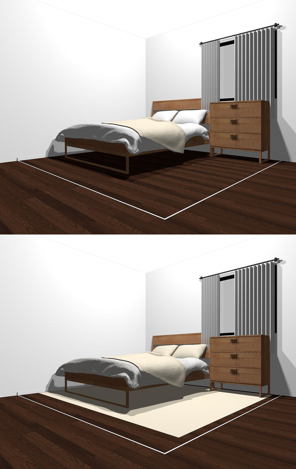 暗い茶色のフローリングの狭い寝室と暗い茶色のフローリングの上に白っぽい色のラグを敷いた狭い寝室の比較