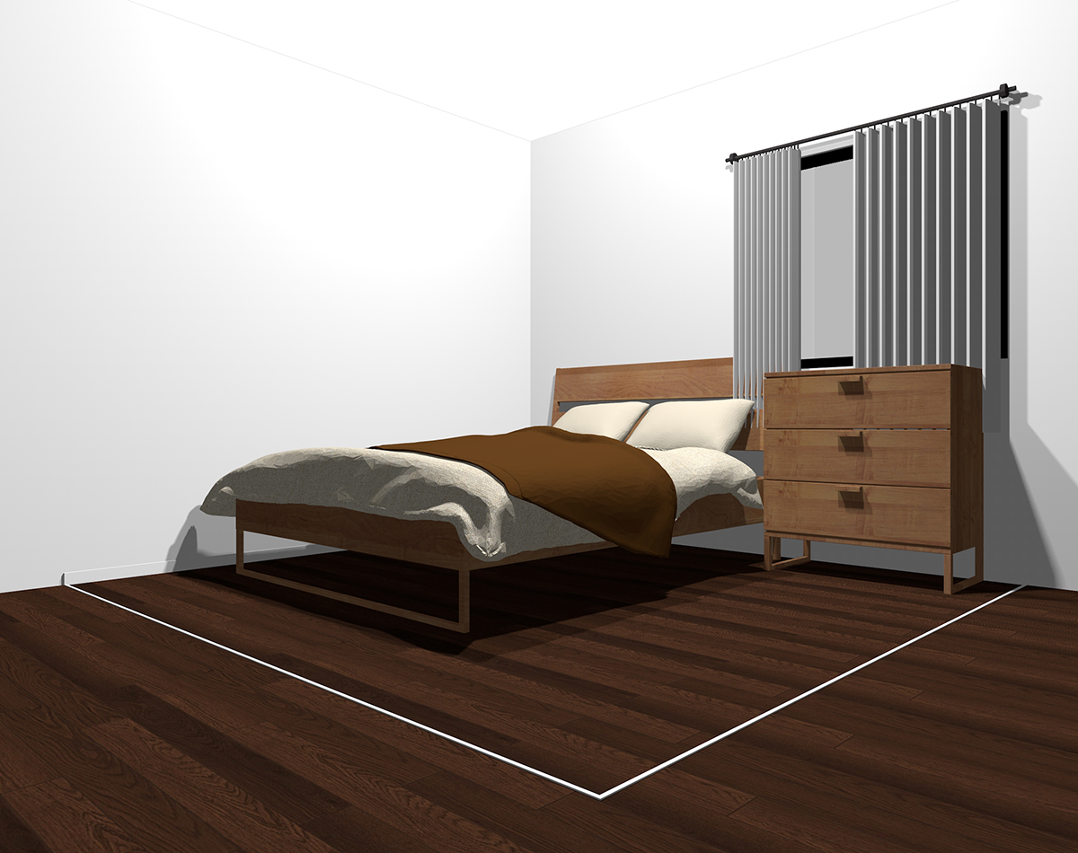 白っぽい色×茶色でまとめた4畳半の寝室