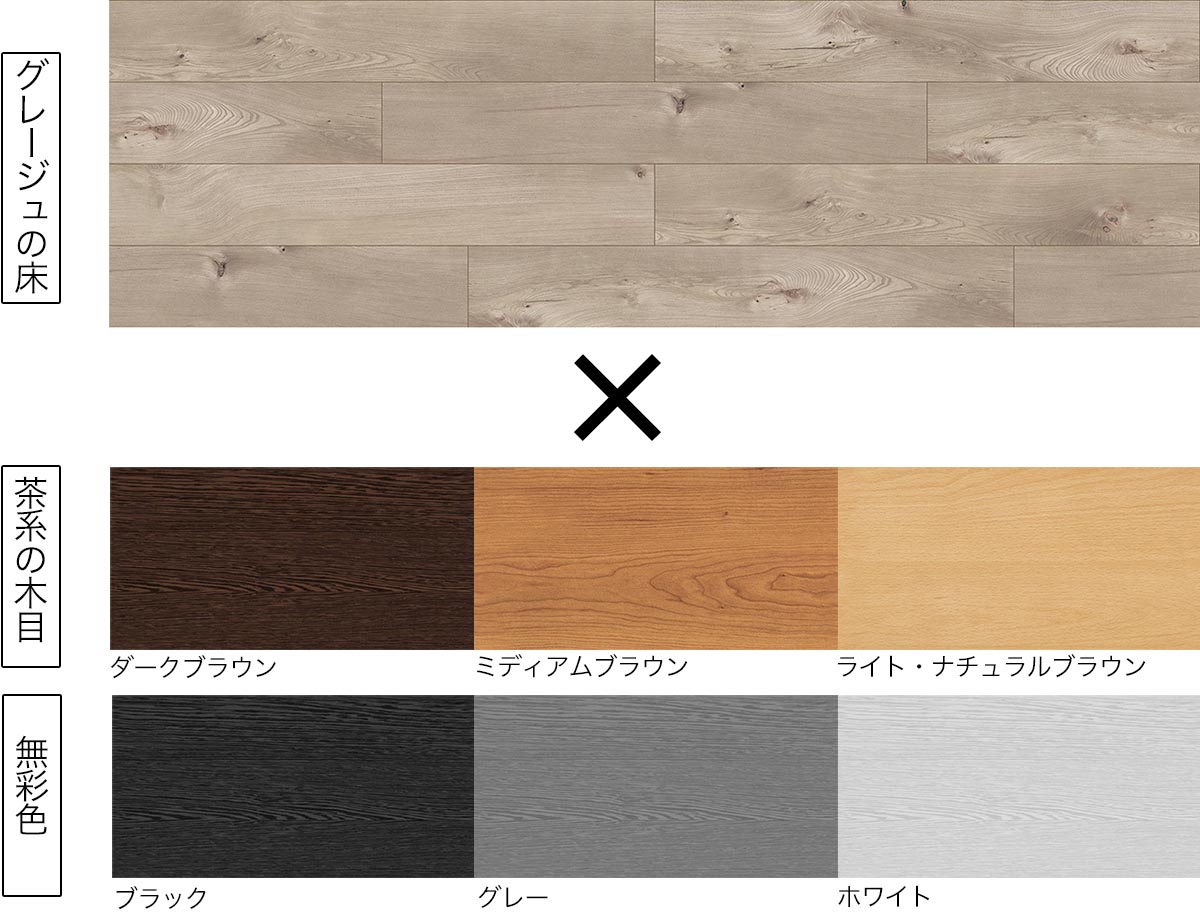 グレージュの床と6種類の家具の色
