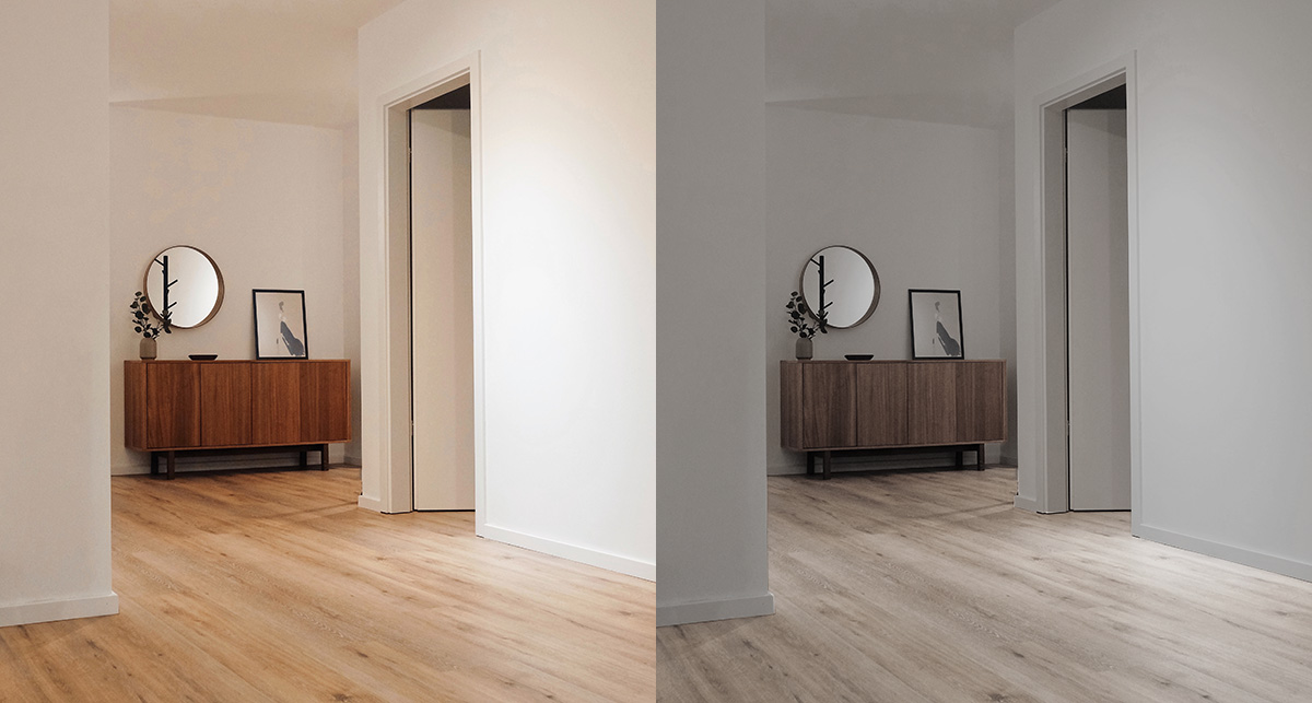 「従来型の茶色の木目の床と家具をコーディネートした空間」と「スモーキー系の茶色の床と家具にグレーを組み合わせた空間」の比較