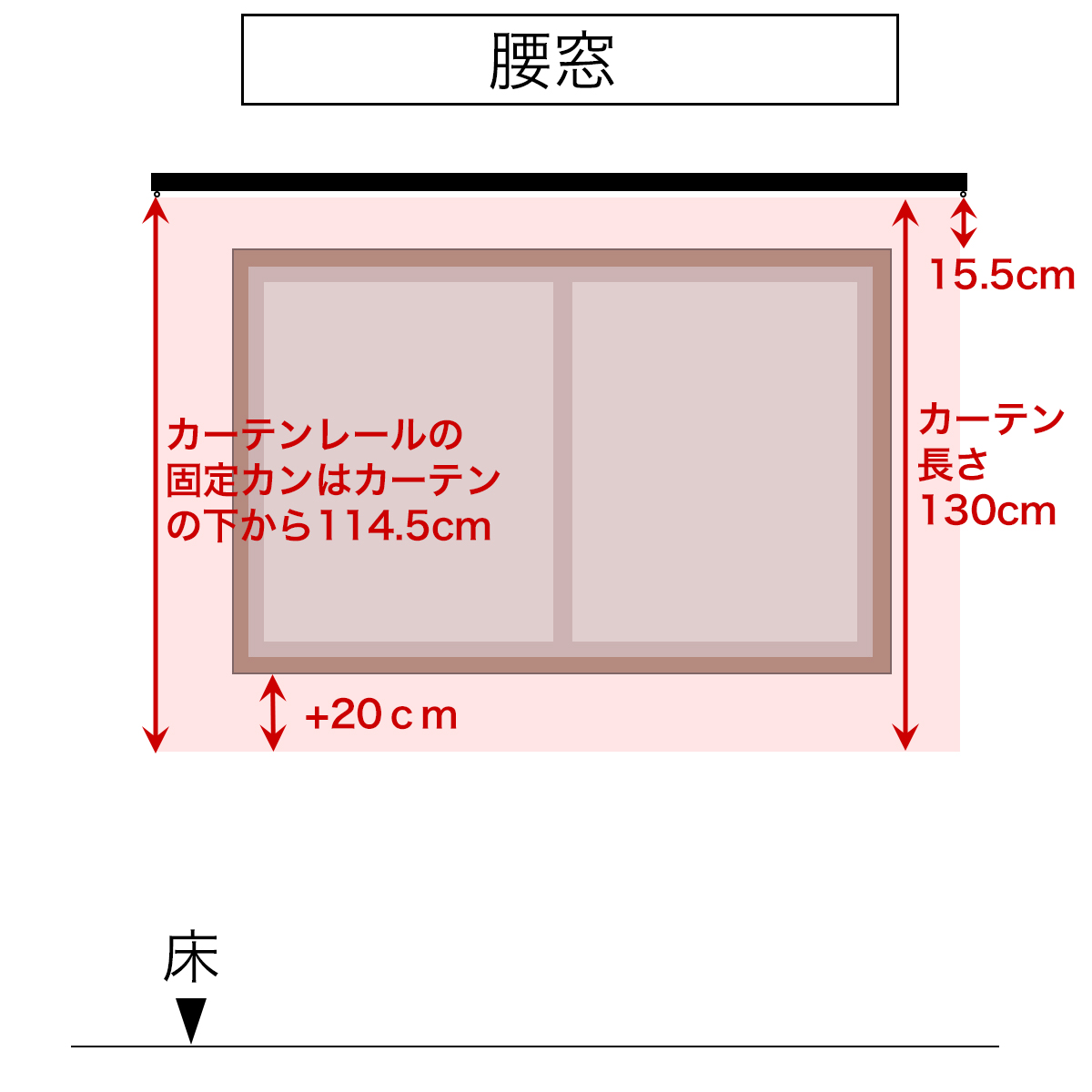 腰窓のカーテンレールの取り付け位置(高さ)