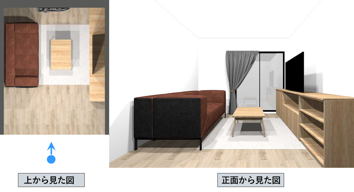 高さの違う3つの家具を並べ、上に天板を1枚乗せて造作家具風にした部屋