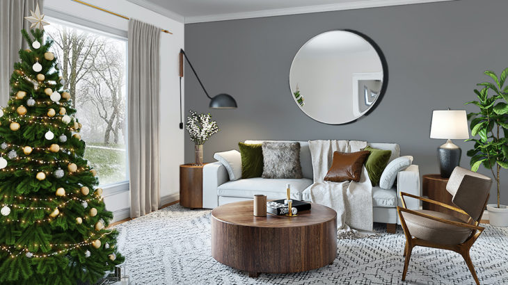 暗いグレー系の壁紙と淡い色の家具のリビング