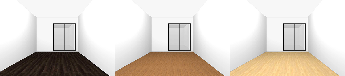 グレーの壁紙と3種類の明るさのフローリングの部屋
