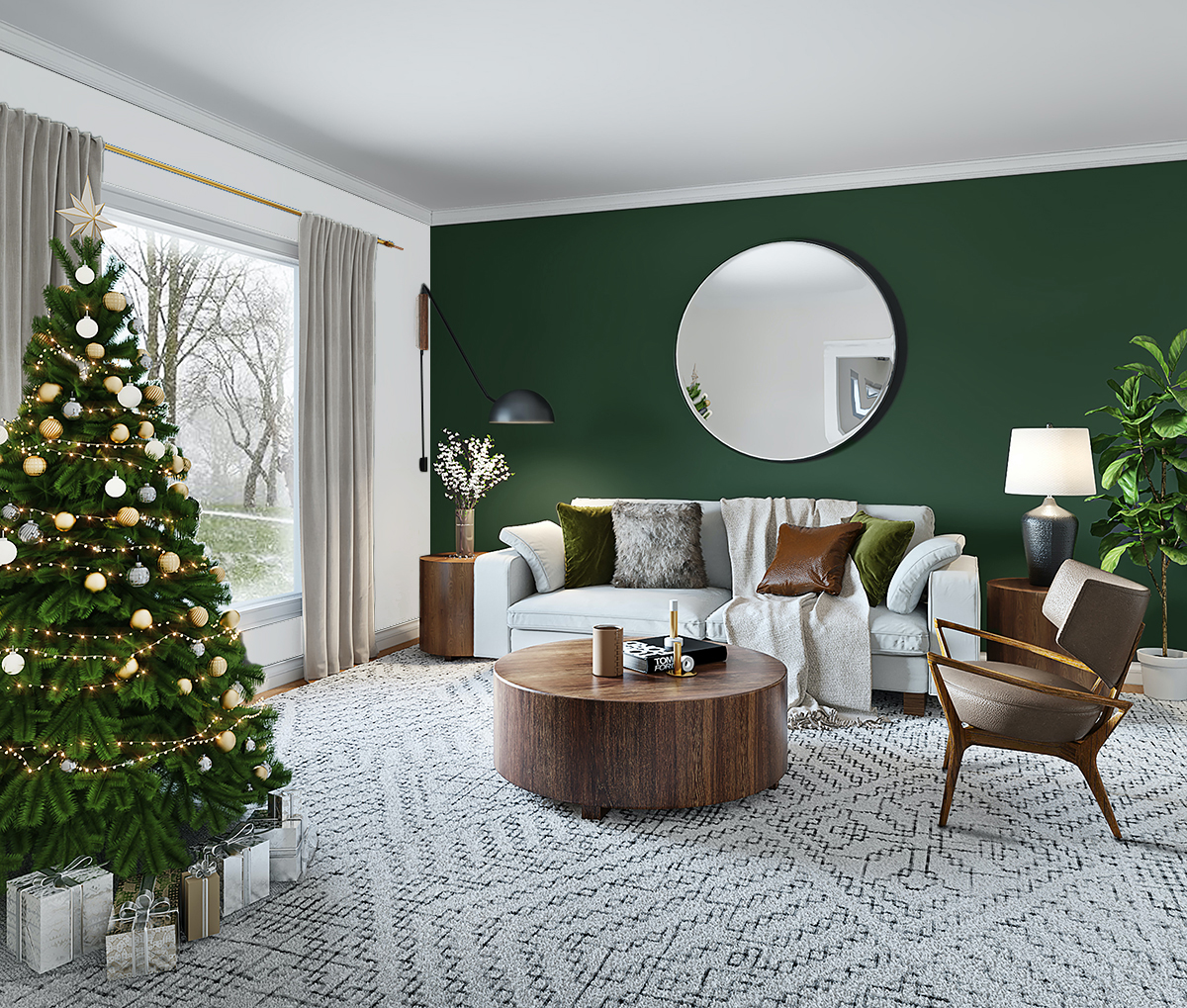 グリーン系の暗い壁紙と淡い色の家具のリビング