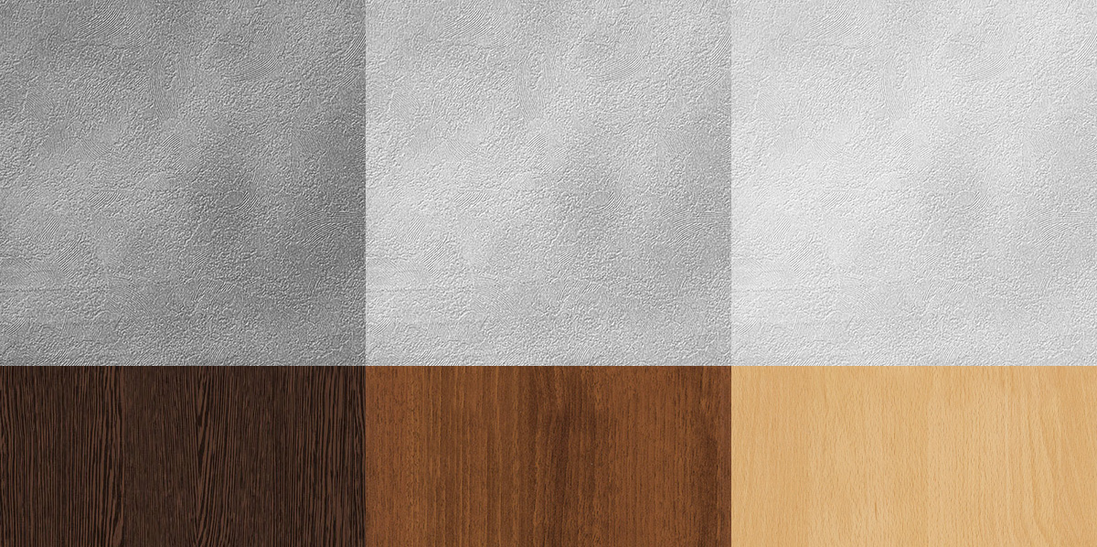 明るさの違う3種類のグレーのモルタル調壁紙と3種類の茶系の木目