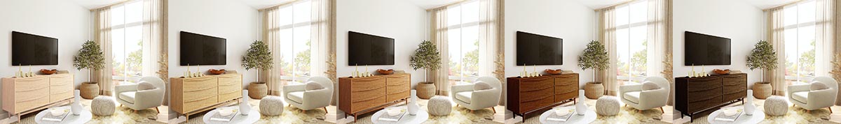 白い床と5種類の明るさの違う茶色の木目調家具